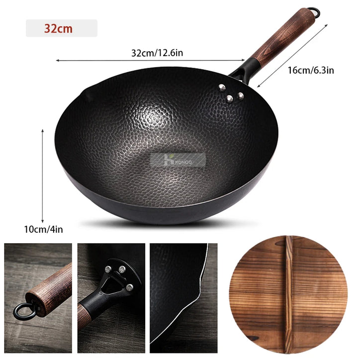 Konco Pure Iron wok cast iron pan Non-coated Pot General use for Gas and Induction Cooker 32cm Chinese Wok Cookware Pan - Eagle 
