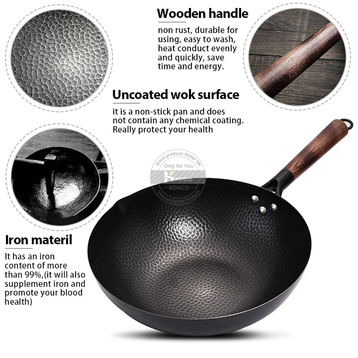 Konco Pure Iron wok cast iron pan Non-coated Pot General use for Gas and Induction Cooker 32cm Chinese Wok Cookware Pan - Eagle 