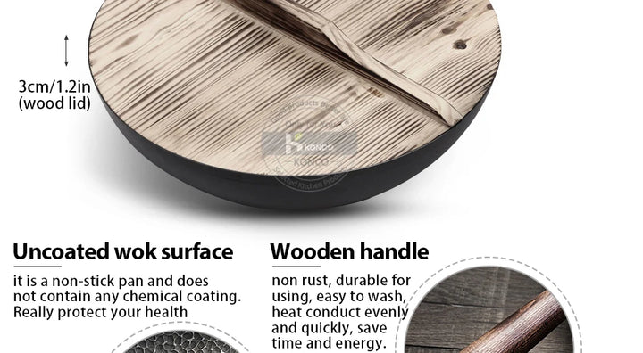Konco Pure Iron wok cast iron pan Non-coated Pot General use for Gas and Induction Cooker 32cm Chinese Wok Cookware Pan - Eagle 
