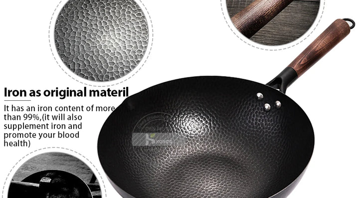 Konco Pure Iron wok cast iron pan Non-coated Pot General use for Gas and Induction Cooker 32cm Chinese Wok Cookware Pan - Eagle 