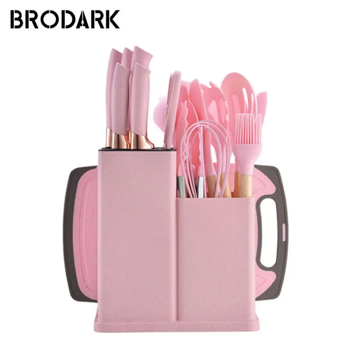 19pcs Food Grade Silicone Brodark Kitchenware Set, Cooking Spoon, Shovel, Cutting Board, Fruit Knife, Chef Knife, Combination Se - Eagle 