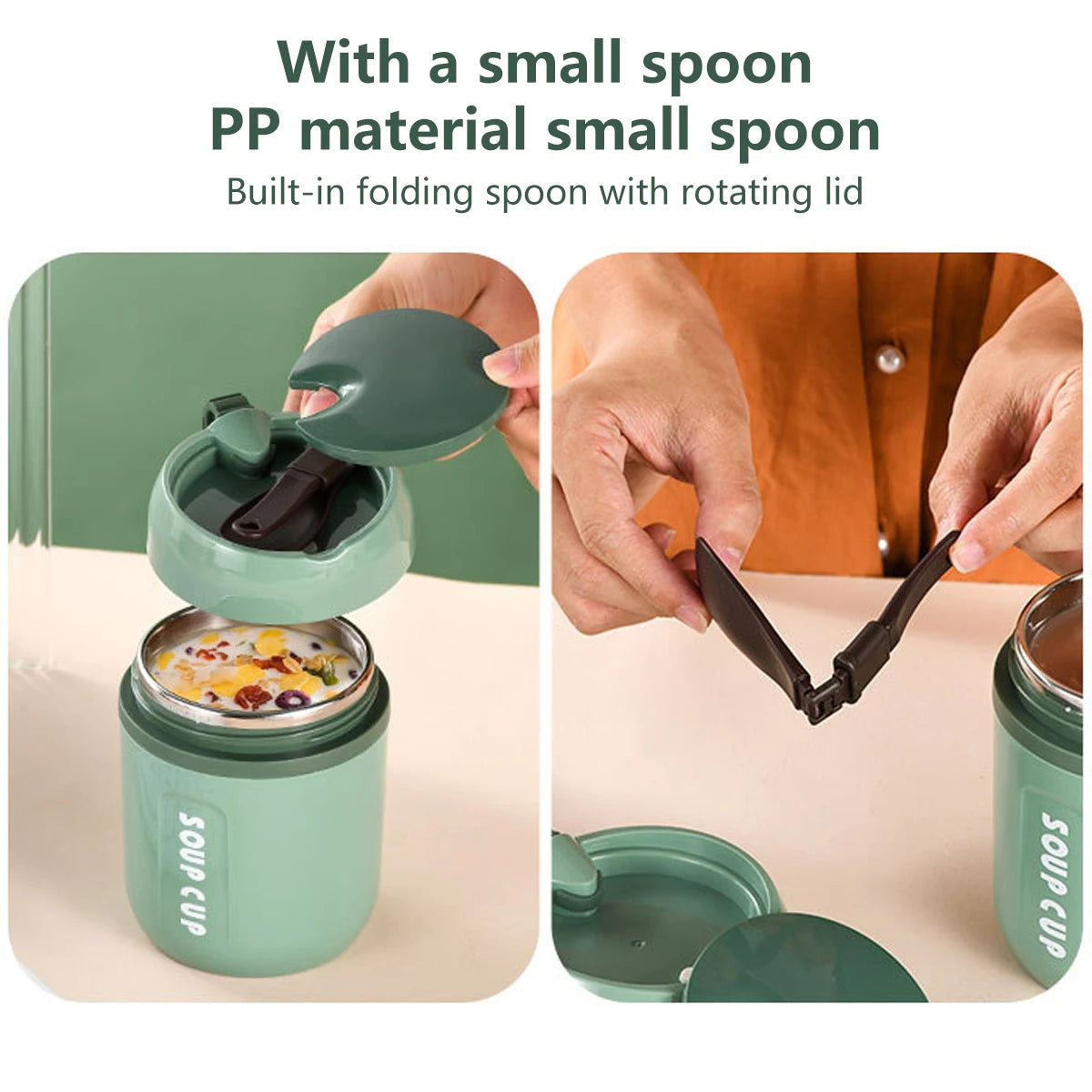 480ml Lunch Flask Stainless Steel Thermos Cup With Foldable Spoon Portable Food Flask Leak Proof Soup Flask For Kids Adult