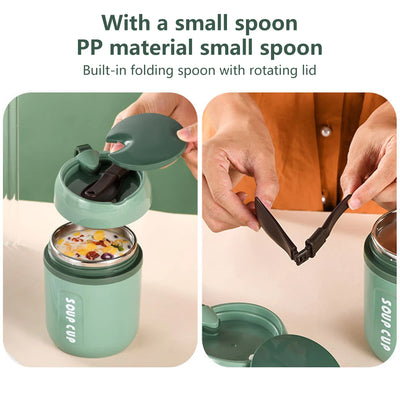 480ml Lunch Flask Stainless Steel Thermos Cup With Foldable Spoon Portable Food Flask Leak Proof Soup Flask For Kids Adult