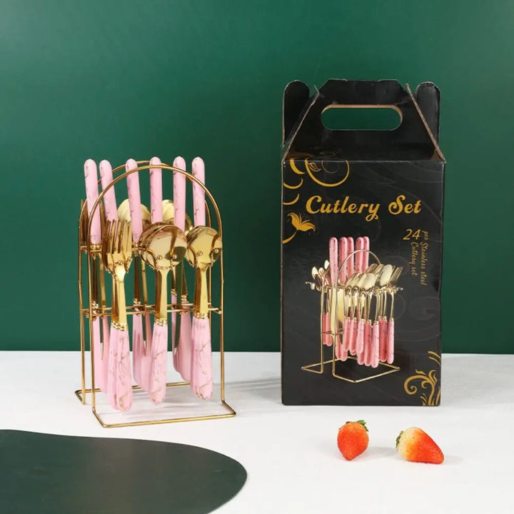 Fashion 24pcs Cutlery Set Stainless Steel Metal Gift Tableware Forks Spoons Kits Dinnerware Home School Kitchen - Eagle 