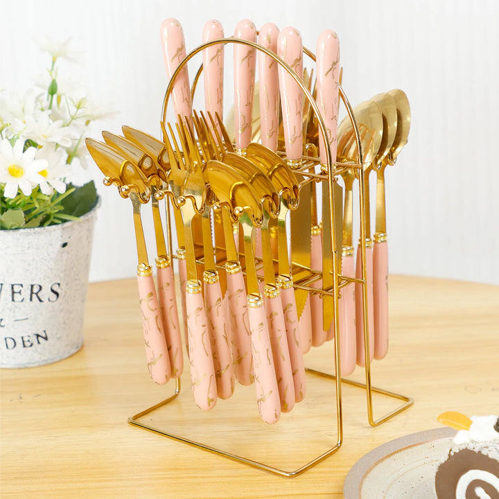 24Pcs Tableware Set with Holder Stainless Steel Cutlery Set Service for 6 Utensils Set Mirror Polished Forks Knives Spoon Set - Eagle 