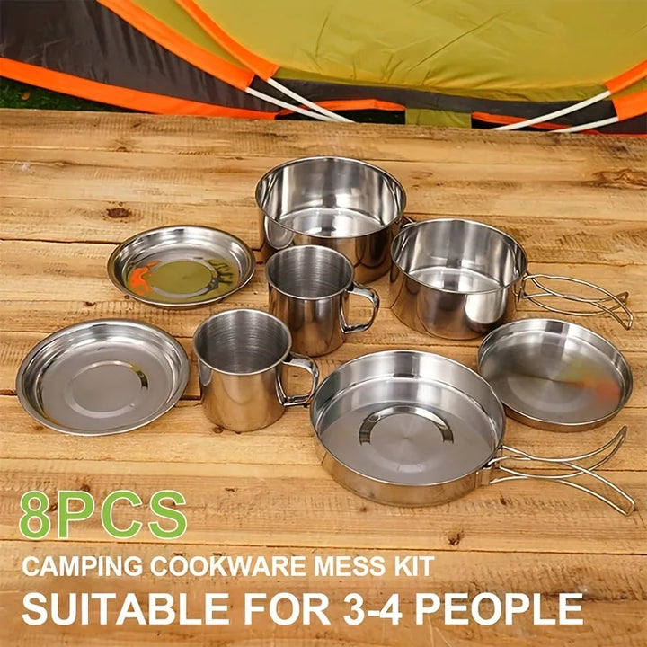 8Pcs Camping Cookware Set Outdoor Pot Set tainless Steel Cooking Pots and Pans Set for Hiking Tourist Dishes Picnic Equipment - Eagle 