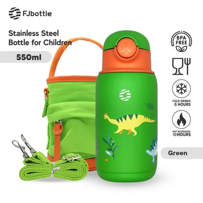 FJbottle 550ml Kids Straw Thermos Mug with Case Stainless Steel Cartoon Leak-Proof Vacuum Flask Children School Water Cup