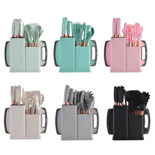 19pcs Food Grade Silicone Brodark Kitchenware Set, Cooking Spoon, Shovel, Cutting Board, Fruit Knife, Chef Knife, Combination Se - Eagle 