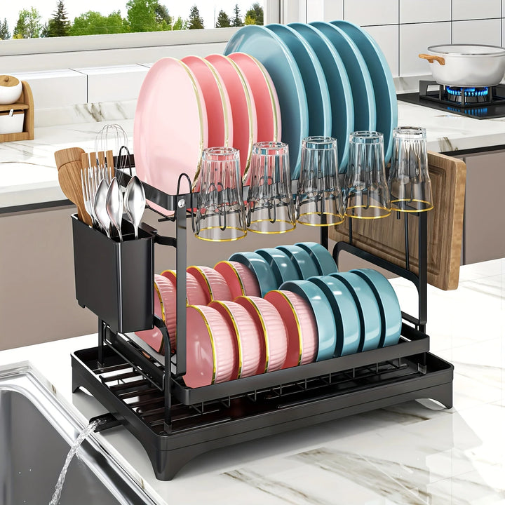 Dish Drying Rack, 2 Tier Large Dish Drying Rack for Kitchen Counter with Drainboard Stainless Steel Dish Drainer for Dish&Cup - Eagle 