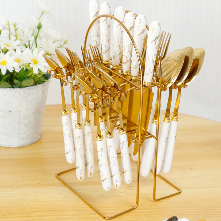 24Pcs Tableware Set with Holder Stainless Steel Cutlery Set Service for 6 Utensils Set Mirror Polished Forks Knives Spoon Set - Eagle 
