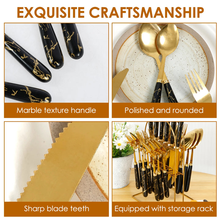 24Pcs Tableware Set with Holder Stainless Steel Cutlery Set Service for 6 Utensils Set Mirror Polished Forks Knives Spoon Set - Eagle 