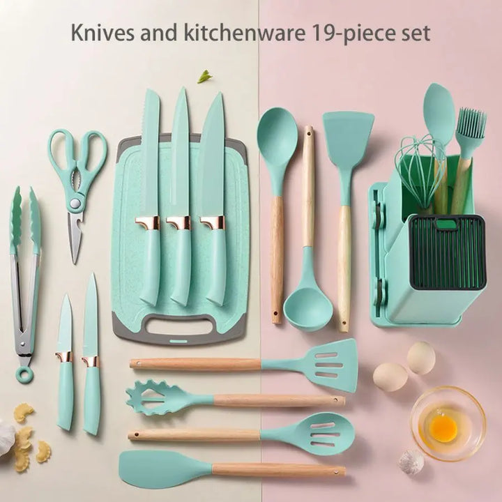 19pcs Food Grade Silicone Brodark Kitchenware Set, Cooking Spoon, Shovel, Cutting Board, Fruit Knife, Chef Knife, Combination Se - Eagle 