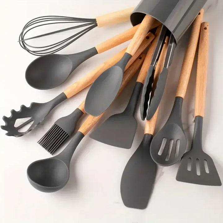 12pcs Set of Multi-color Silicone Wooden Handle Kitchenware Set Non Stick Pot Spatula and Spoon Cooking Utensils, Heat-resistant - Eagle 