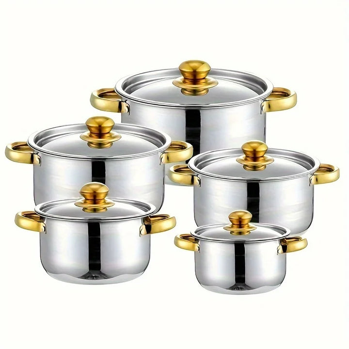 5-Piece Golden Stainless Steel Cookware Set - Durable, Multi-Purpose, Easy to Clean, Compatible with All Stoves, Non-Stick, - Eagle 