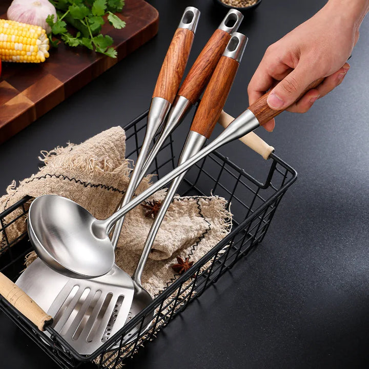Rosewood Handle Stainless Steel Cookware Set Kitchen Durable Wok Spatula Colander Shovel Cooking Utensil Kitchenware Accessories - Eagle 