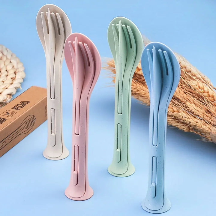 3PCS Portable Tableware Set Wheat Straw Dinnerware Detachable Cutlery Travel Tableware Picnic Dinnerware Set Camping Cutlery Set - Eagle 