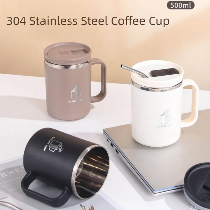 Double-Wall Mug 304 Stainless Steel with Drinking Straw Insulated Coffee Cup Large Capacity Heat-resistant Thermal Water Cup - Eagle 