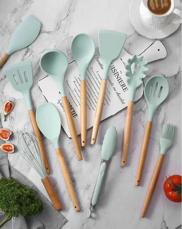 12pcs Set of Multi-color Silicone Wooden Handle Kitchenware Set Non Stick Pot Spatula and Spoon Cooking Utensils, Heat-resistant - Eagle 