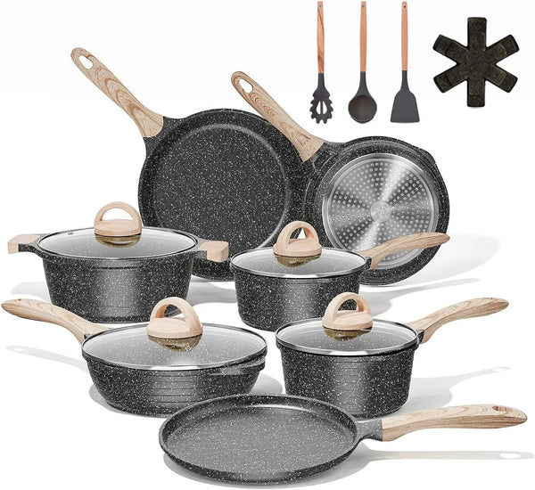 Pots and Pans Set Non Stick Induction Cookware Sets, 19 Pcs w/Frying Pan, Saucepan, Sauté Pan, Griddle Pan, PFOA Free - Eagle 