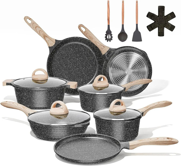 Pots and Pans Set Non Stick Induction Cookware Sets, 19 Pcs w/Frying Pan, Saucepan, Sauté Pan, Griddle Pan, PFOA Free - Eagle 
