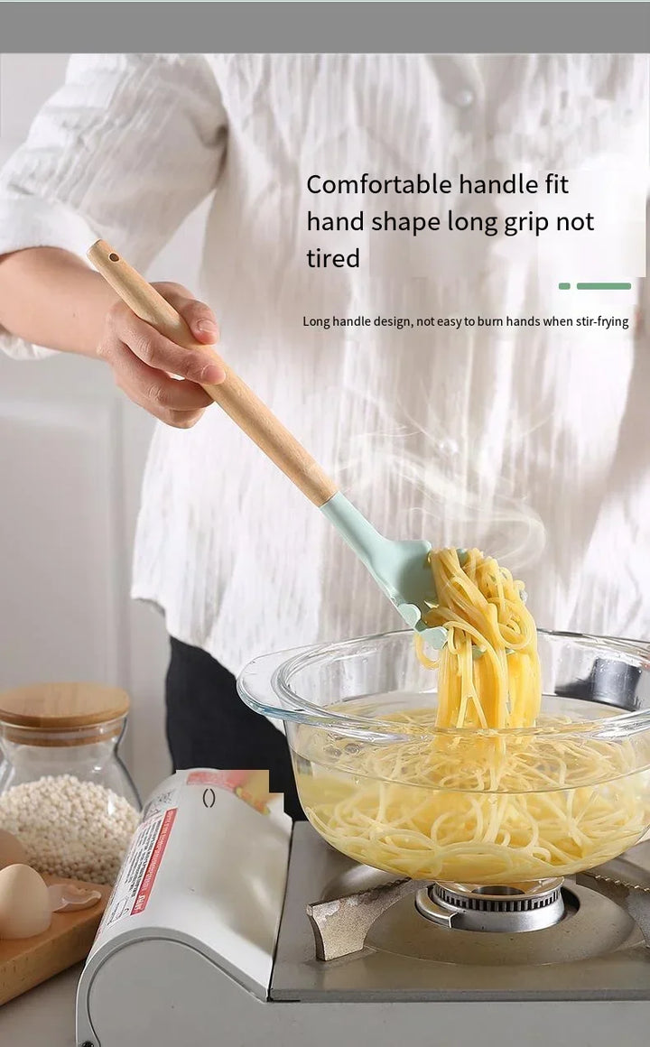 12pcs Set of Multi-color Silicone Wooden Handle Kitchenware Set Non Stick Pot Spatula and Spoon Cooking Utensils, Heat-resistant - Eagle 