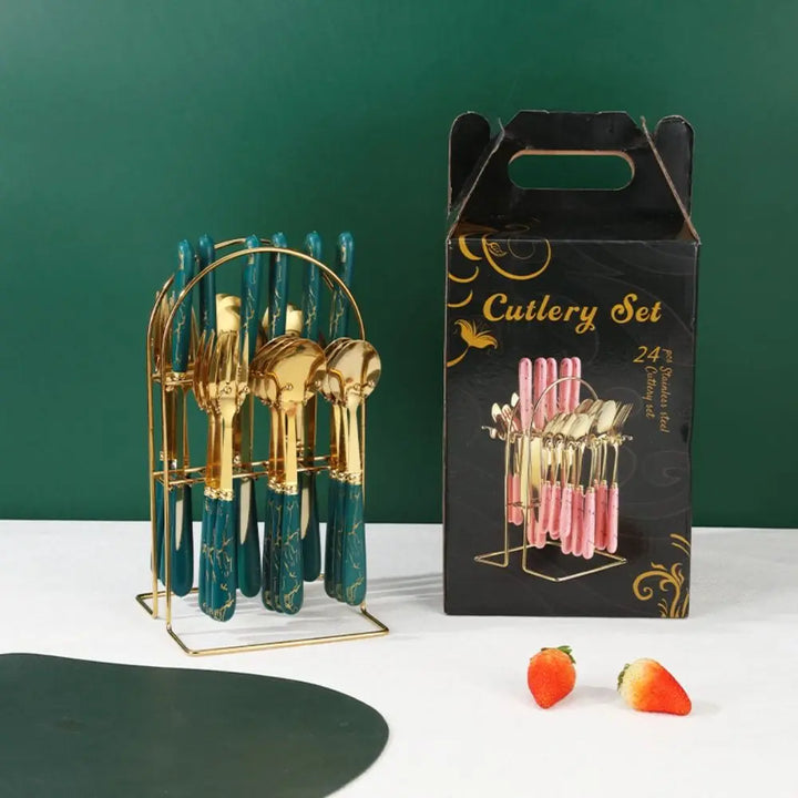 Fashion 24pcs Cutlery Set Stainless Steel Metal Gift Tableware Forks Spoons Kits Dinnerware Home School Kitchen - Eagle 