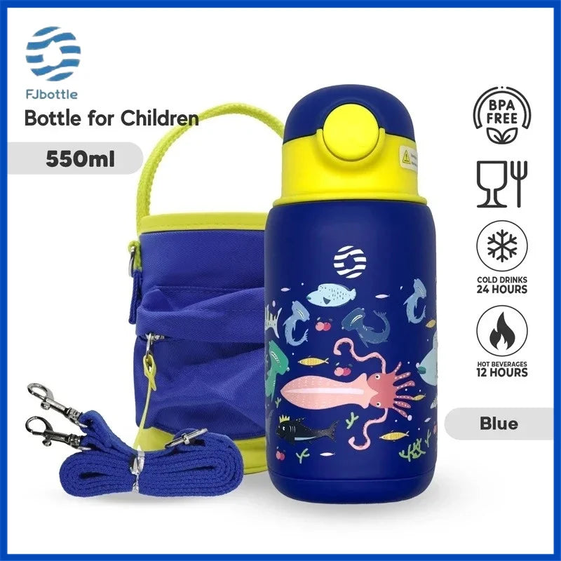 FJbottle 550ml Kids Straw Thermos Mug with Case Stainless Steel Cartoon Leak-Proof Vacuum Flask Children School Water Cup