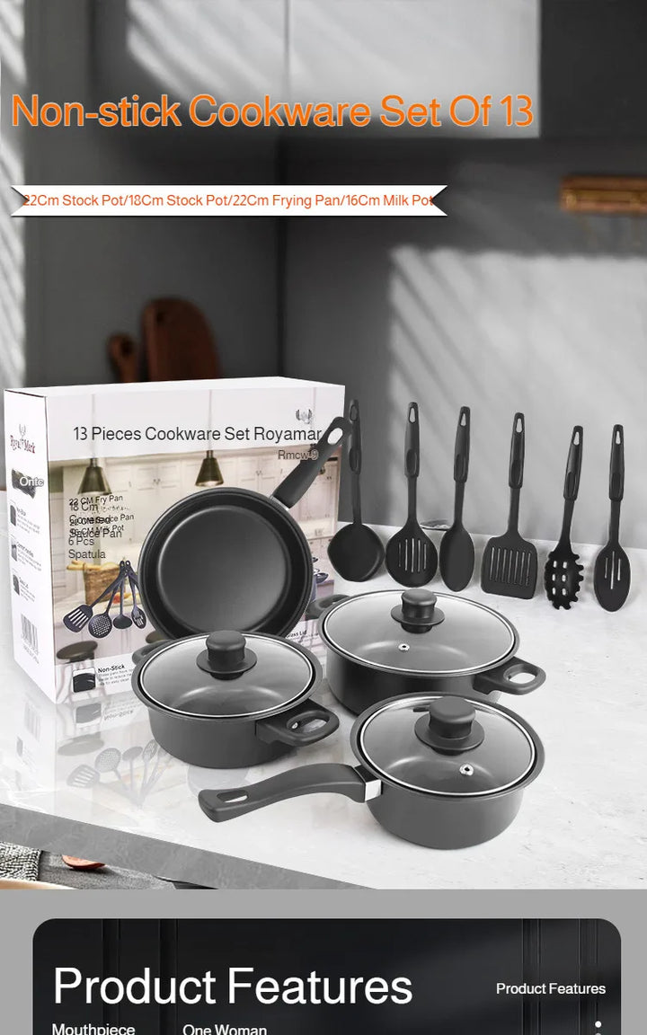 13 Piece Cookware Set Milk Pot Soup Pot Flat Bottomed Small Frying Pan with Lid And Shovel Kitchenware Set for Cooking pots Set - Eagle 