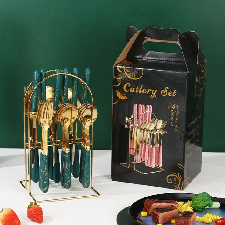 Fashion 24pcs Cutlery Set Stainless Steel Metal Gift Tableware Forks Spoons Kits Dinnerware Home School Kitchen - Eagle 