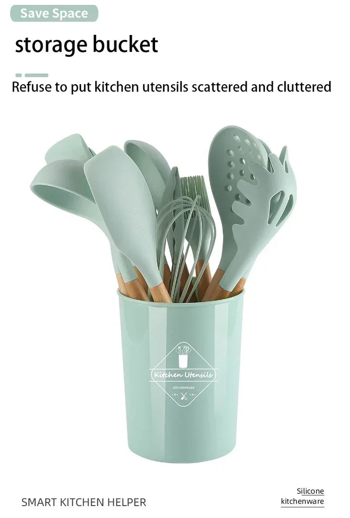 12pcs Set of Multi-color Silicone Wooden Handle Kitchenware Set Non Stick Pot Spatula and Spoon Cooking Utensils, Heat-resistant - Eagle 