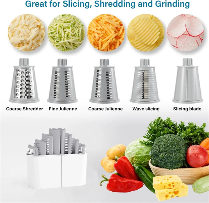 LMETJMA 5 in 1 Rotary Cheese Grater Shredder Kitchen Mandoline Vegetable Julienne Slicer Waffle Cutter Nut Chopper JT247 - Eagle 