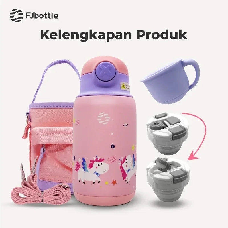 FJbottle 550ml Kids Straw Thermos Mug with Case Stainless Steel Cartoon Leak-Proof Vacuum Flask Children School Water Cup