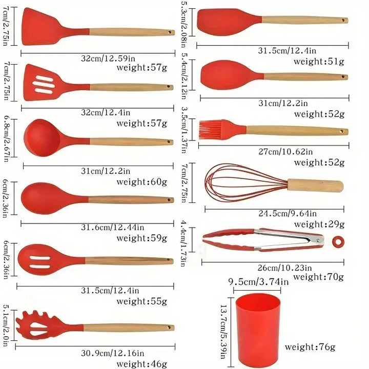 12pcs Set of Multi-color Silicone Wooden Handle Kitchenware Set Non Stick Pot Spatula and Spoon Cooking Utensils, Heat-resistant - Eagle 