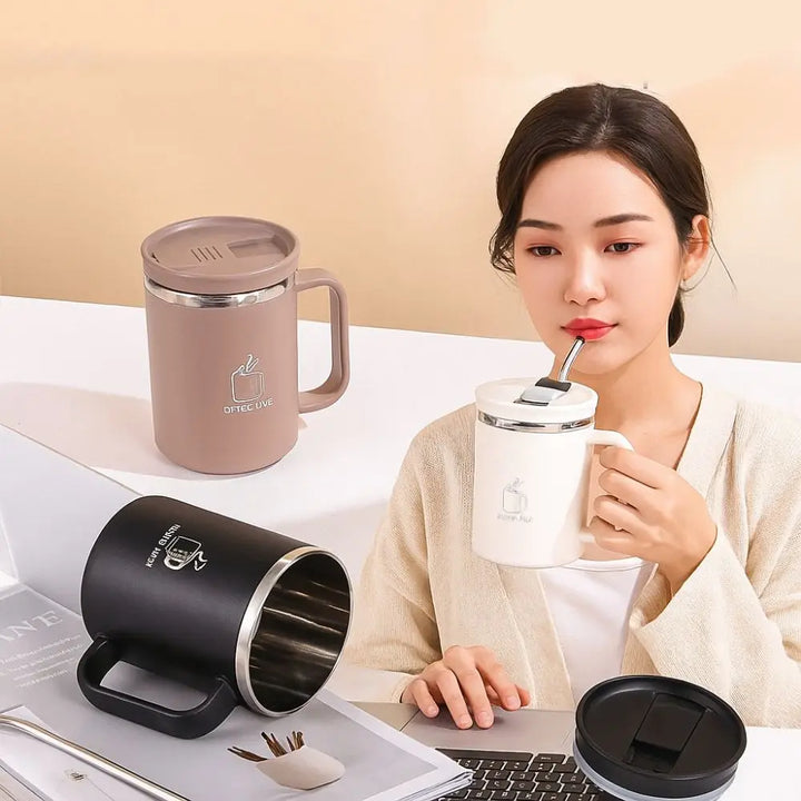 Double-Wall Mug 304 Stainless Steel with Drinking Straw Insulated Coffee Cup Large Capacity Heat-resistant Thermal Water Cup - Eagle 