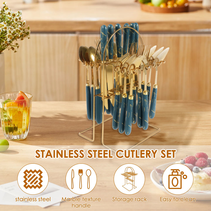 24Pcs Tableware Set with Holder Stainless Steel Cutlery Set Service for 6 Utensils Set Mirror Polished Forks Knives Spoon Set - Eagle 