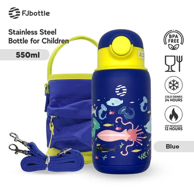FJbottle 550ml Kids Straw Thermos Mug with Case Stainless Steel Cartoon Leak-Proof Vacuum Flask Children School Water Cup