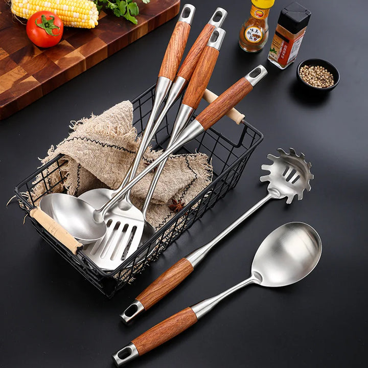 Rosewood Handle Stainless Steel Cookware Set Kitchen Durable Wok Spatula Colander Shovel Cooking Utensil Kitchenware Accessories - Eagle 