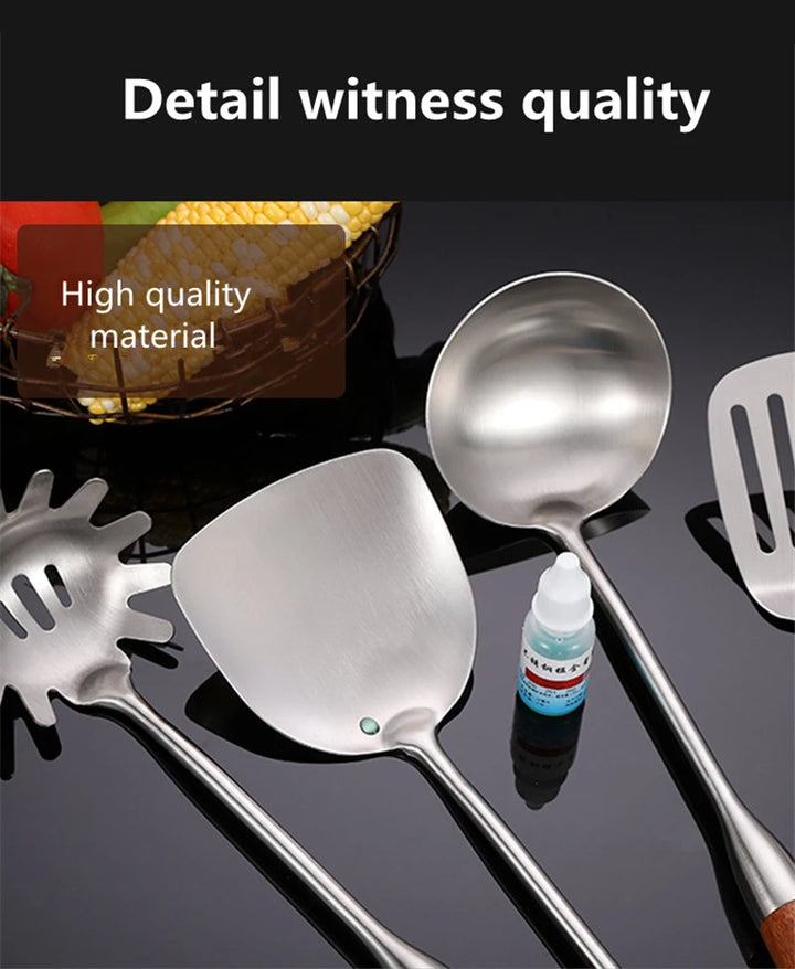Rosewood Handle Stainless Steel Cookware Set Kitchen Durable Wok Spatula Colander Shovel Cooking Utensil Kitchenware Accessories - Eagle 