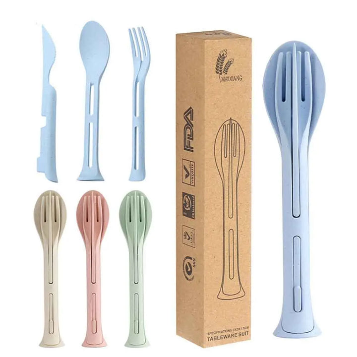 Camping 3PCS Portable Tableware Set Wheat Straw Dinnerware Detachable Cutlery Travel Tableware Picnic Dinnerware Set - Eagle 