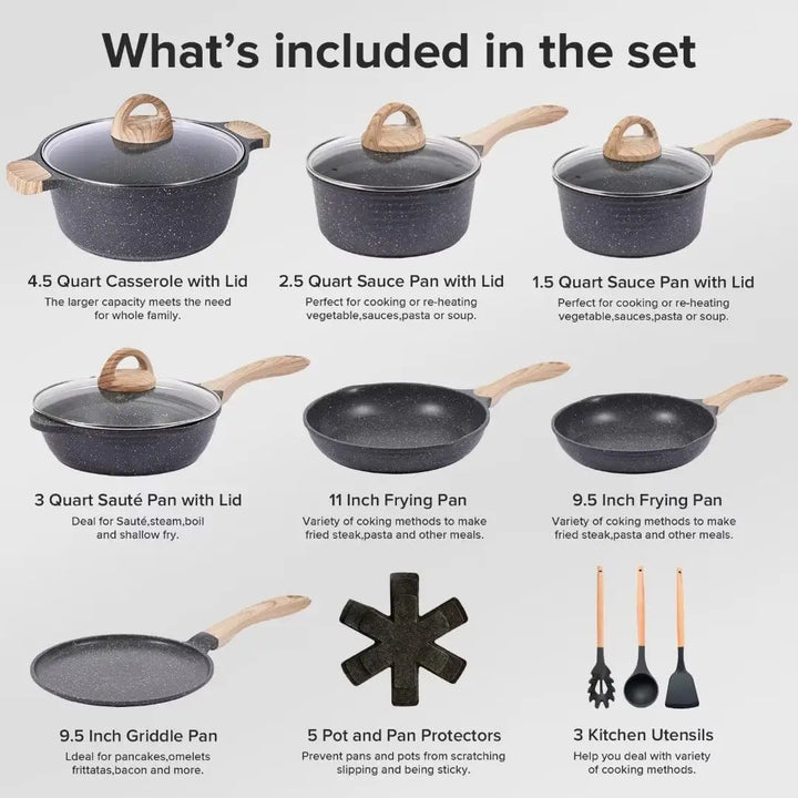 Pots and Pans Set Non Stick Induction Cookware Sets, 19 Pcs w/Frying Pan, Saucepan, Sauté Pan, Griddle Pan, PFOA Free - Eagle 