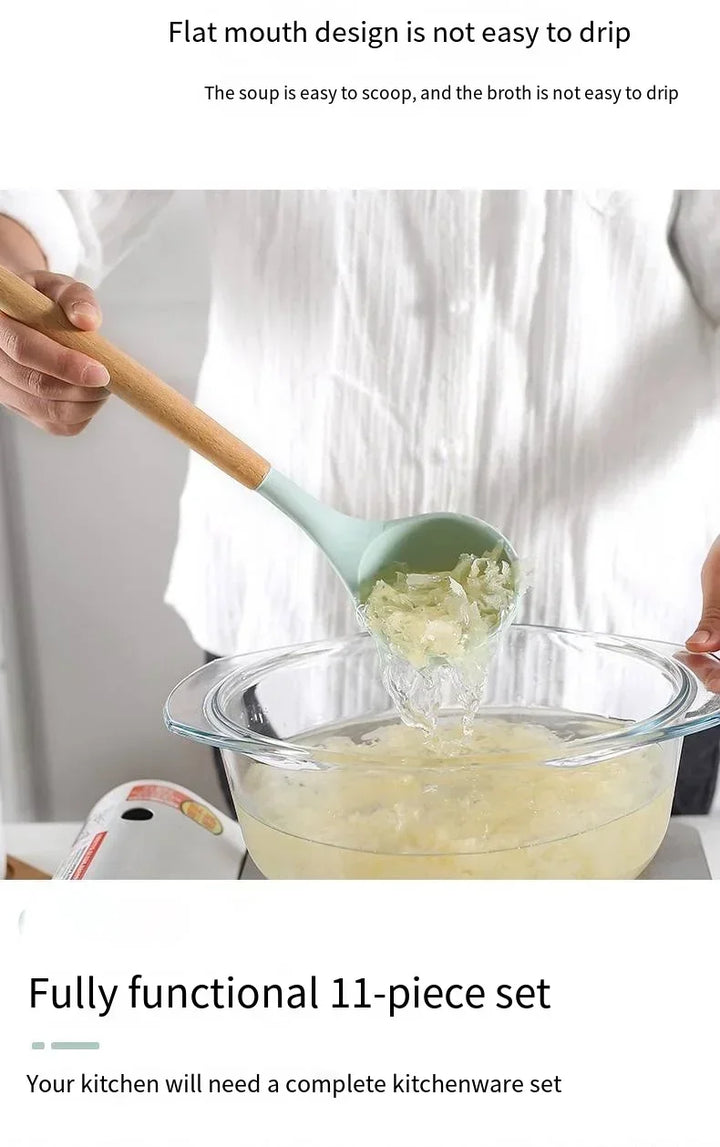 12pcs Set of Multi-color Silicone Wooden Handle Kitchenware Set Non Stick Pot Spatula and Spoon Cooking Utensils, Heat-resistant - Eagle 