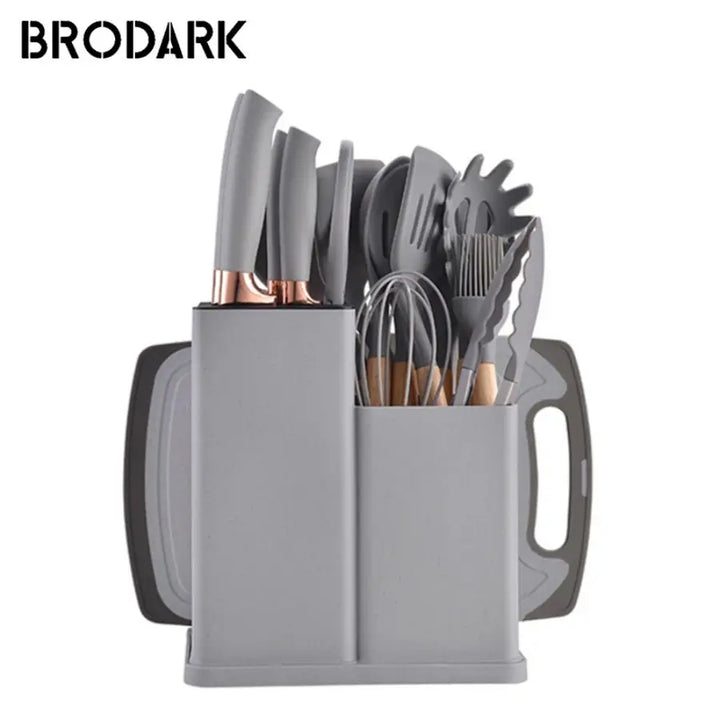 19pcs Food Grade Silicone Brodark Kitchenware Set, Cooking Spoon, Shovel, Cutting Board, Fruit Knife, Chef Knife, Combination Se - Eagle 