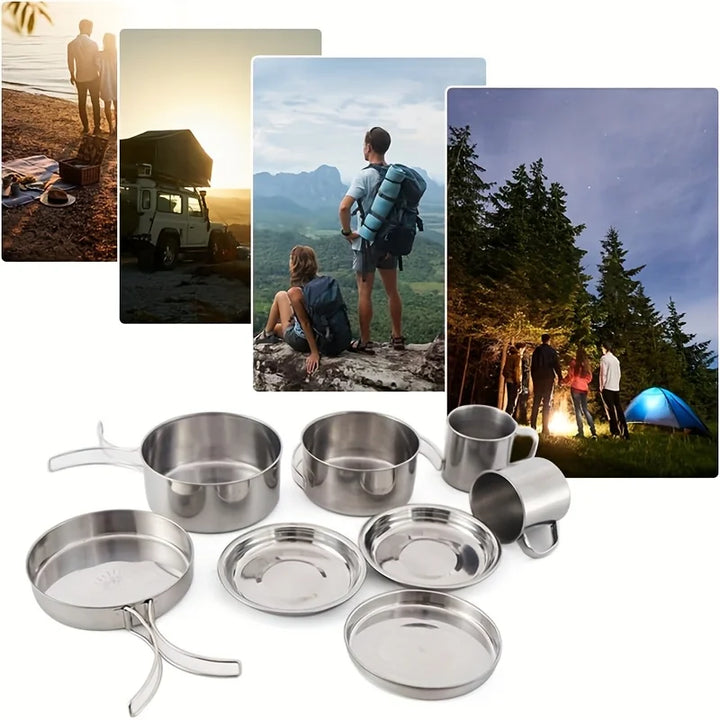 8Pcs Camping Cookware Set Outdoor Pot Set tainless Steel Cooking Pots and Pans Set for Hiking Tourist Dishes Picnic Equipment - Eagle 