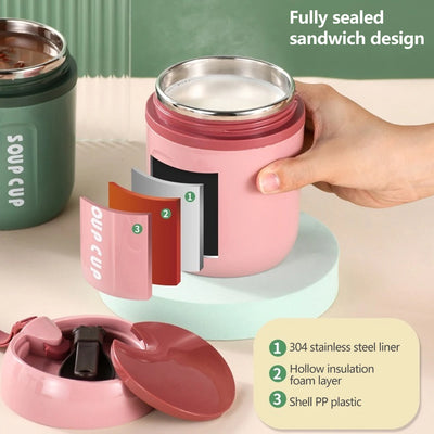 480ml Lunch Flask Stainless Steel Thermos Cup With Foldable Spoon Portable Food Flask Leak Proof Soup Flask For Kids Adult