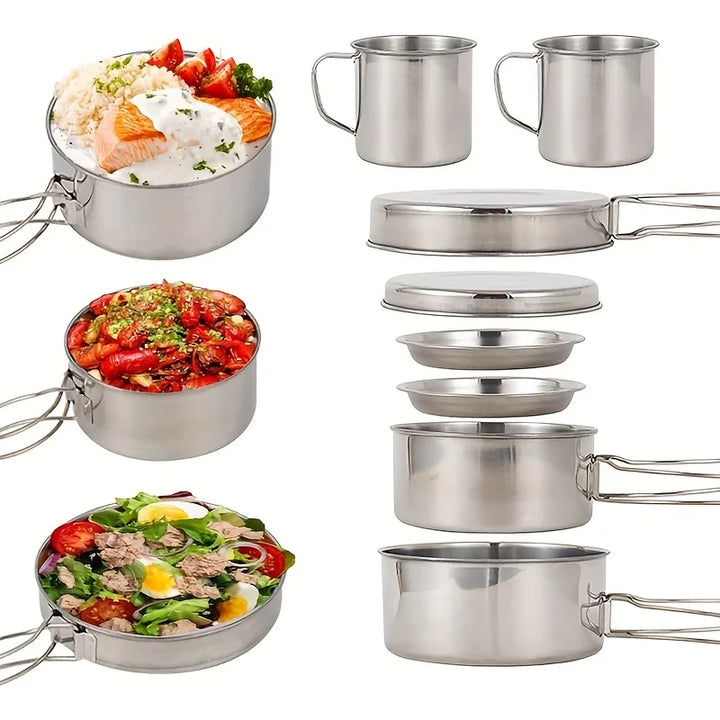 8Pcs Camping Cookware Set Outdoor Pot Set tainless Steel Cooking Pots and Pans Set for Hiking Tourist Dishes Picnic Equipment - Eagle 