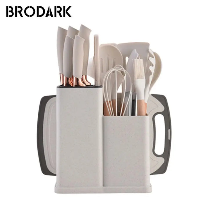 19pcs Food Grade Silicone Brodark Kitchenware Set, Cooking Spoon, Shovel, Cutting Board, Fruit Knife, Chef Knife, Combination Se - Eagle 