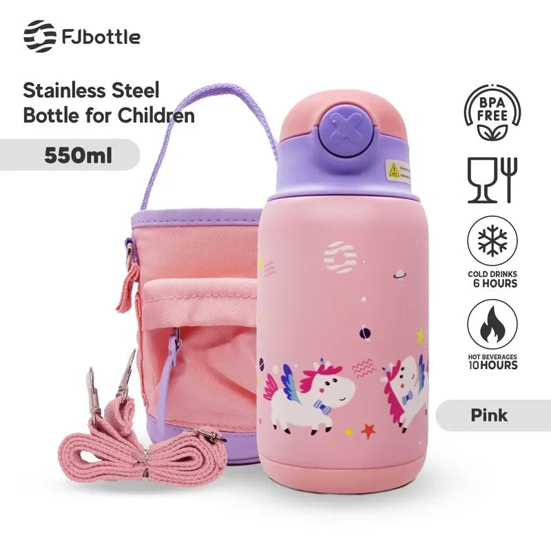 FJbottle 550ml Kids Straw Thermos Mug with Case Stainless Steel Cartoon Leak-Proof Vacuum Flask Children School Water Cup