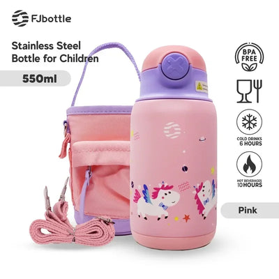 FJbottle 550ml Kids Straw Thermos Mug with Case Stainless Steel Cartoon Leak-Proof Vacuum Flask Children School Water Cup