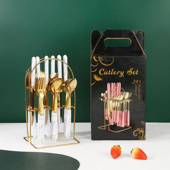 Fashion 24pcs Cutlery Set Stainless Steel Metal Gift Tableware Forks Spoons Kits Dinnerware Home School Kitchen - Eagle 