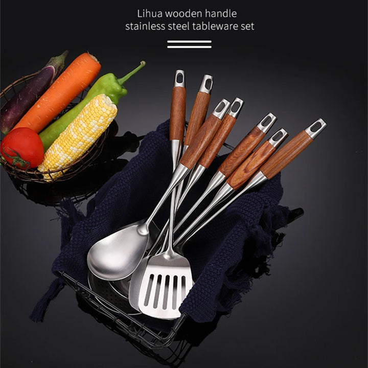Rosewood Handle Stainless Steel Cookware Set Kitchen Durable Wok Spatula Colander Shovel Cooking Utensil Kitchenware Accessories - Eagle 